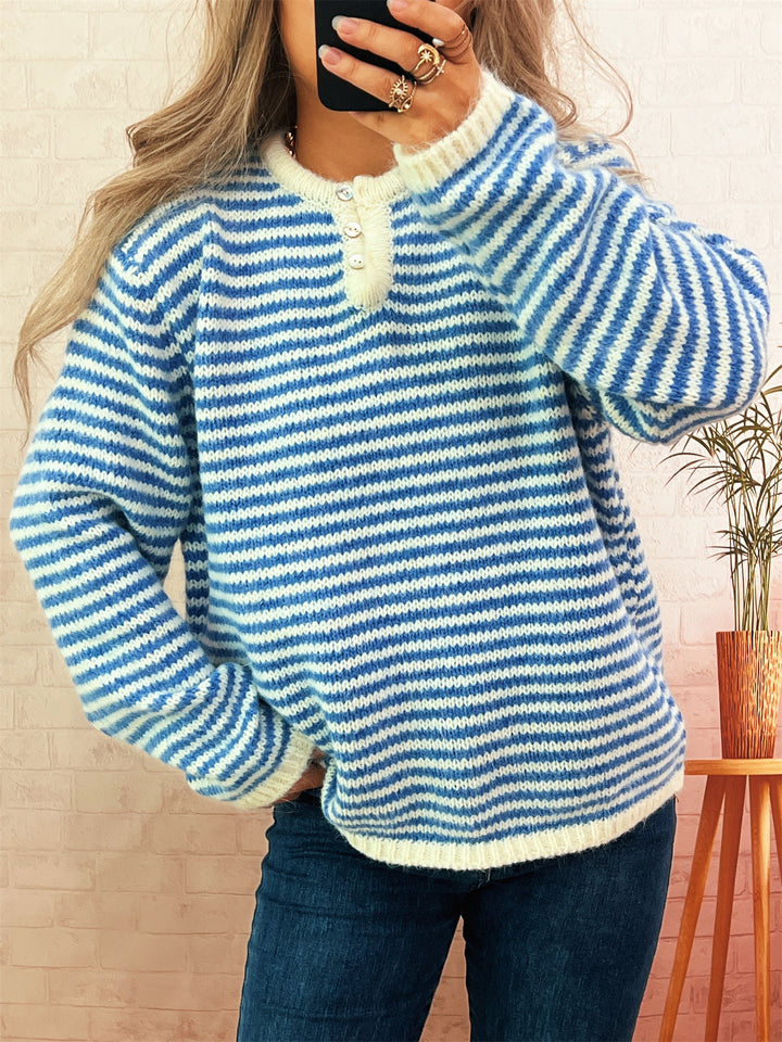 Damen lässiger Streifenpullover mit Knopfleiste und Rundhalsausschnitt Drune