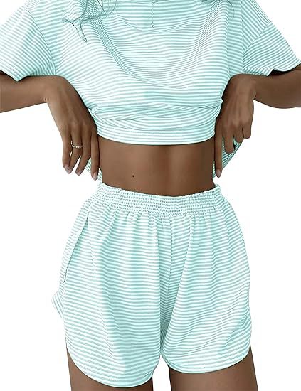 Damen lässiges Crop-Top und Short-Set mit gestreiftem Muster Drune