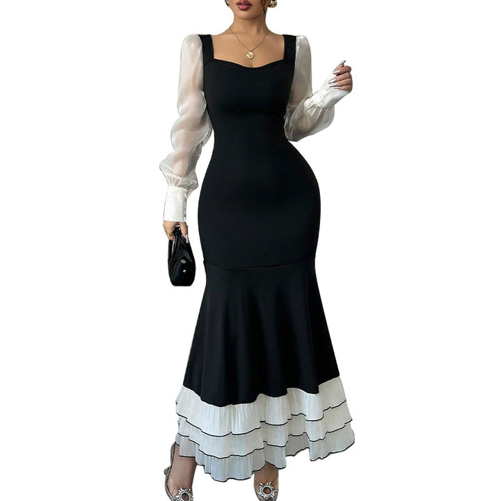 Damen elegantes Maxikleid mit transparenten Puffärmeln und Rüschensaum Drune