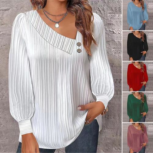 Damen stilvolles und elegantes Oberteil mit asymmetrischem Ausschnitt und Knopfleiste Drune