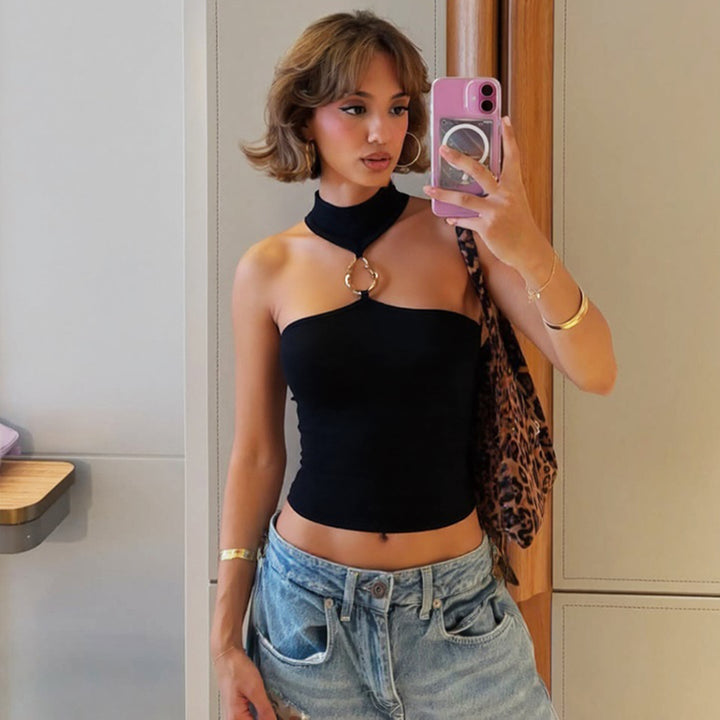 Damen Sportliches Crop-Top mit geschmackvollem Choker und dekorativem Detail Drune