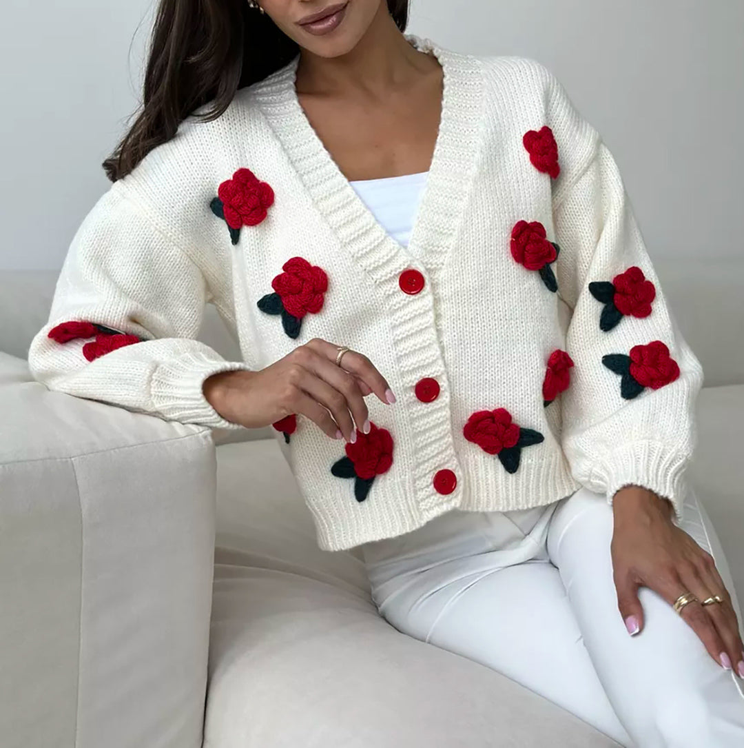 Damen Strickjacke mit floralen Applikationen und voluminösen Ärmeln Drune
