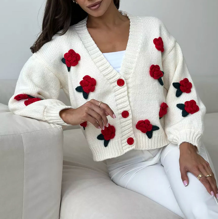 Damen Strickjacke mit floralen Applikationen und voluminösen Ärmeln Drune