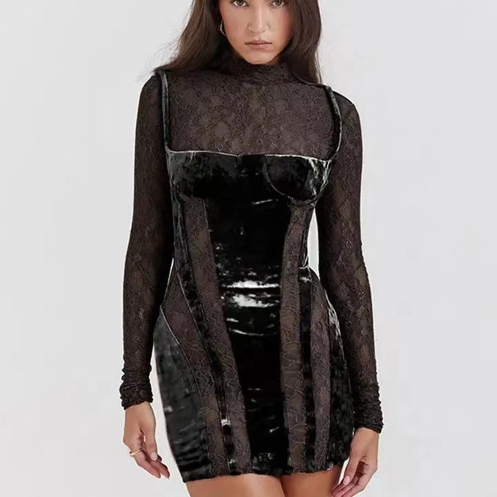 Damen elegantes Spitzen-Minikleid mit Samt-Detail und figurbetontem Schnitt Drune