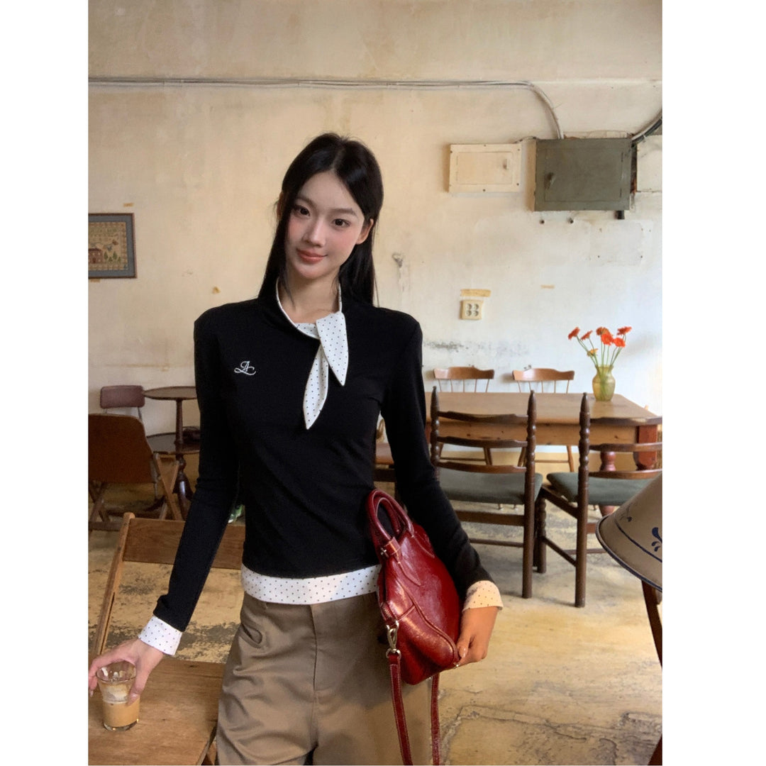 Damen Langarmshirt mit elegantem Kragen und gemustertem Unterkragen Drune