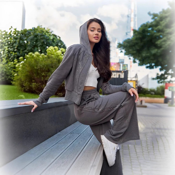 Damen Sportliches Hoodie- und Jogginghose-Set mit hohem Bund Drune