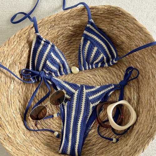 Damen Handgehäkelter Bikini mit maritimem Streifenmuster Drune