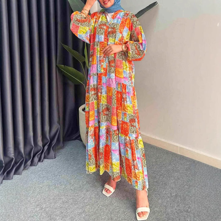 Damen Maxikleid im Boho-Stil mit buntem Patchwork-Design und weiten Ärmeln Drune