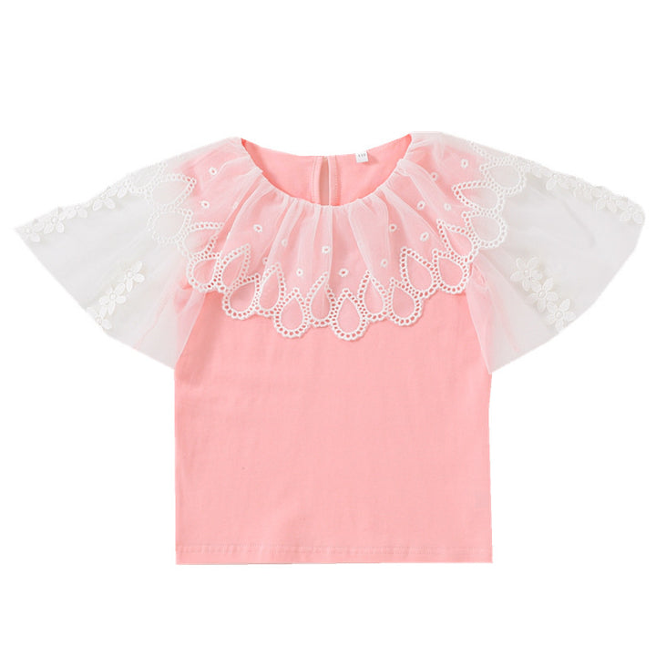 Mädchen Bluse mit Blumenstickerei und Tüllärmeln Drune