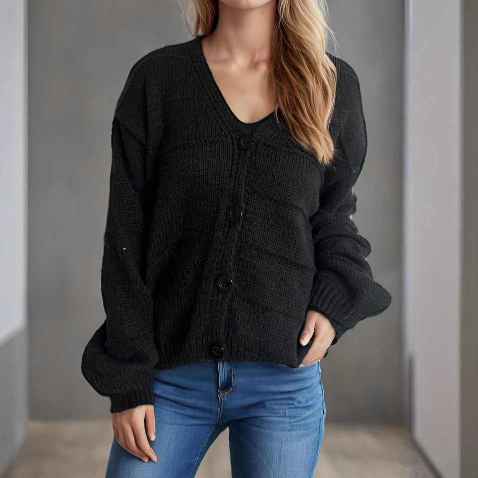 Damen lässige Strickjacke mit tiefem V-Ausschnitt und eleganten Knopfdetails Drune
