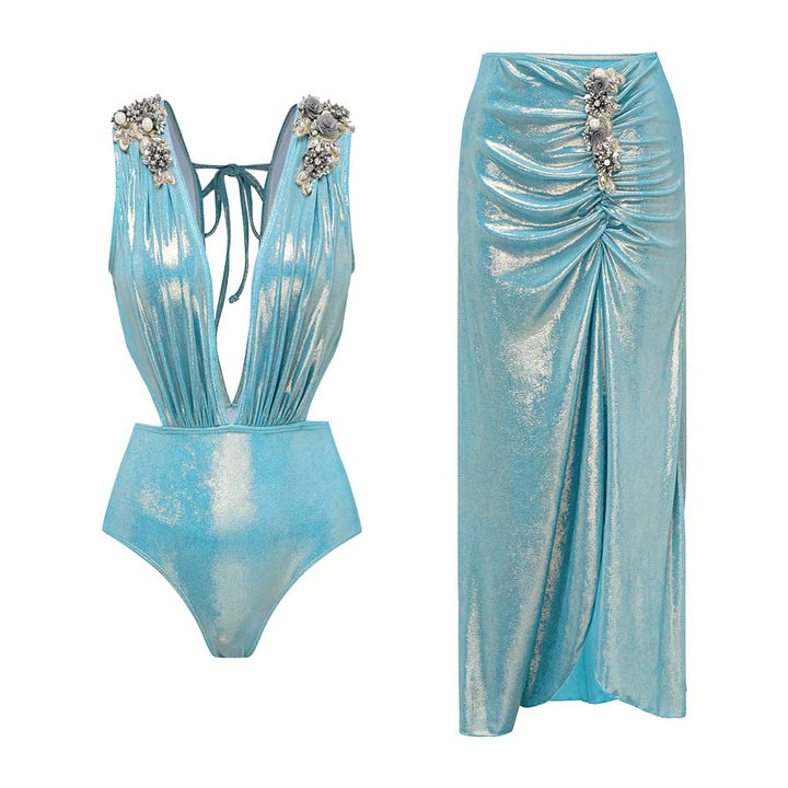 Damen Badeanzug mit off-shoulder Design und elegantem Rock Drune
