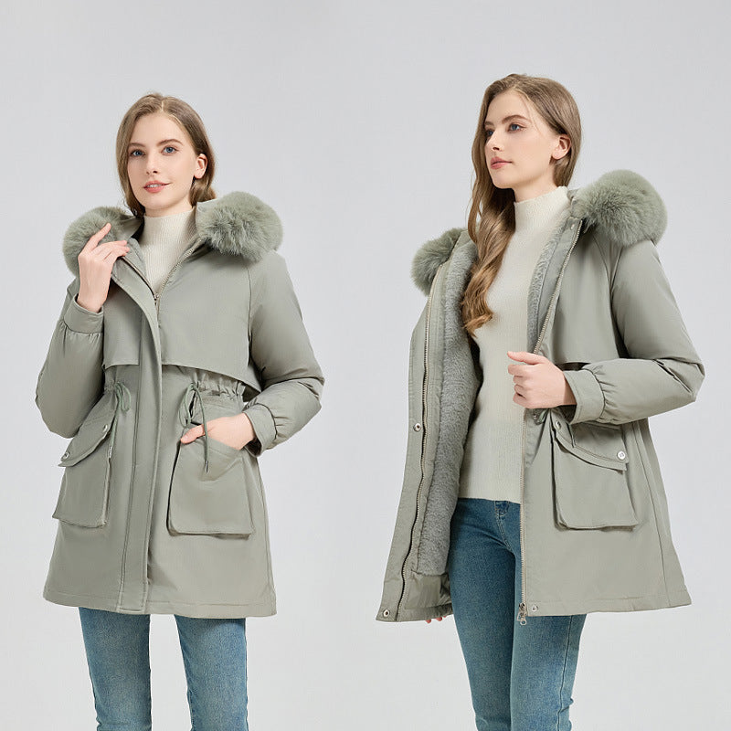 Damen Modische Pufferjacke mit abnehmbarem Kunstpelzkragen und funktionalen Taschen Drune