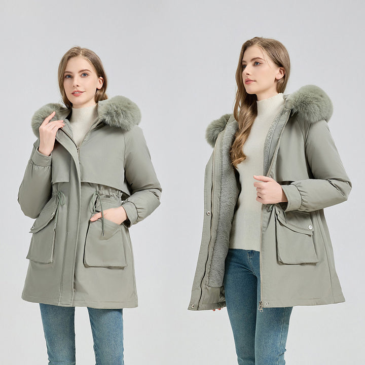 Damen Modische Pufferjacke mit abnehmbarem Kunstpelzkragen und funktionalen Taschen Drune