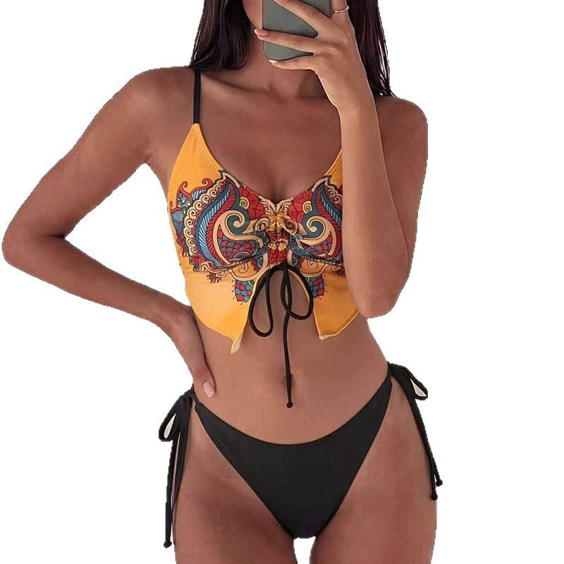 Damen Crop-Top Bikini mit auffälligem Druck und raffinierten Schnürdetails Drune