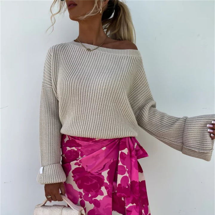Damen lässiger Strickpullover mit asymmetrischem Ausschnitt und lockeren Ärmeln Drune