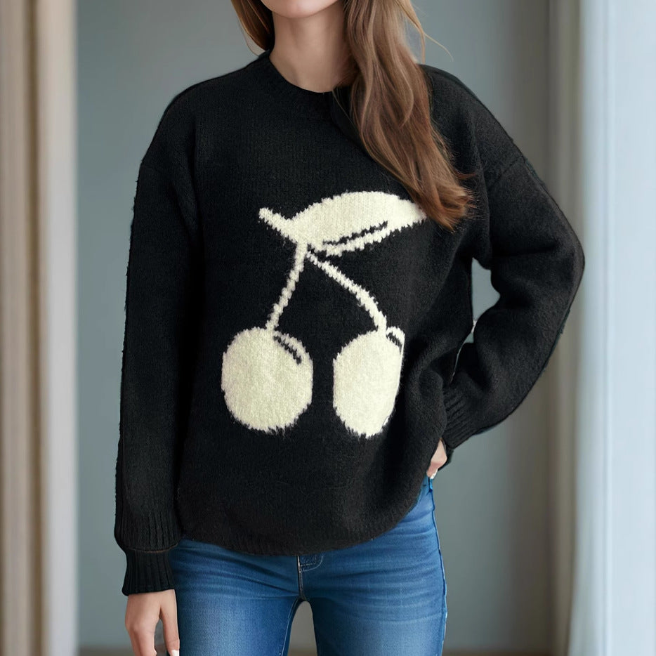 Damen gemütlicher Pullover mit fröhlichem Fruchtmotiv Drune