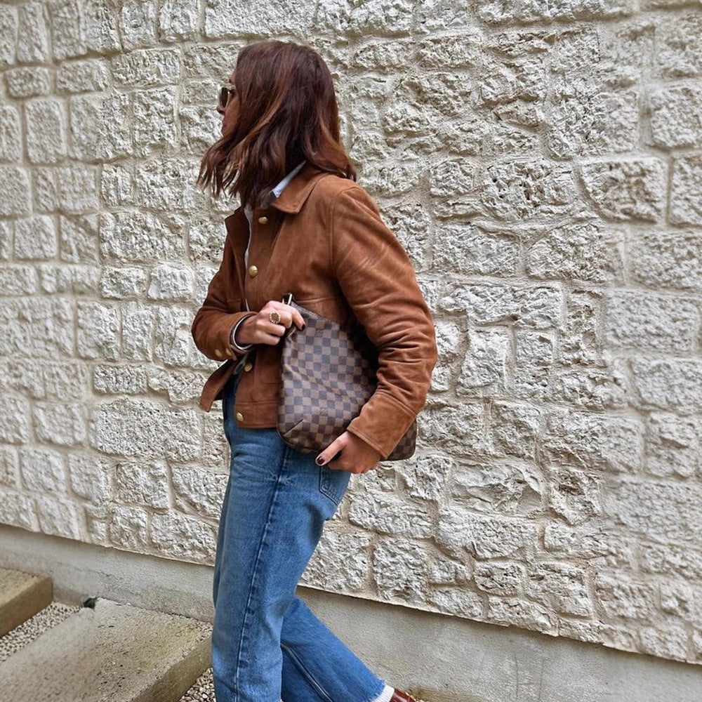 Damen Kunstlederjacke mit goldenen Knöpfen und modernem Schnitt Drune
