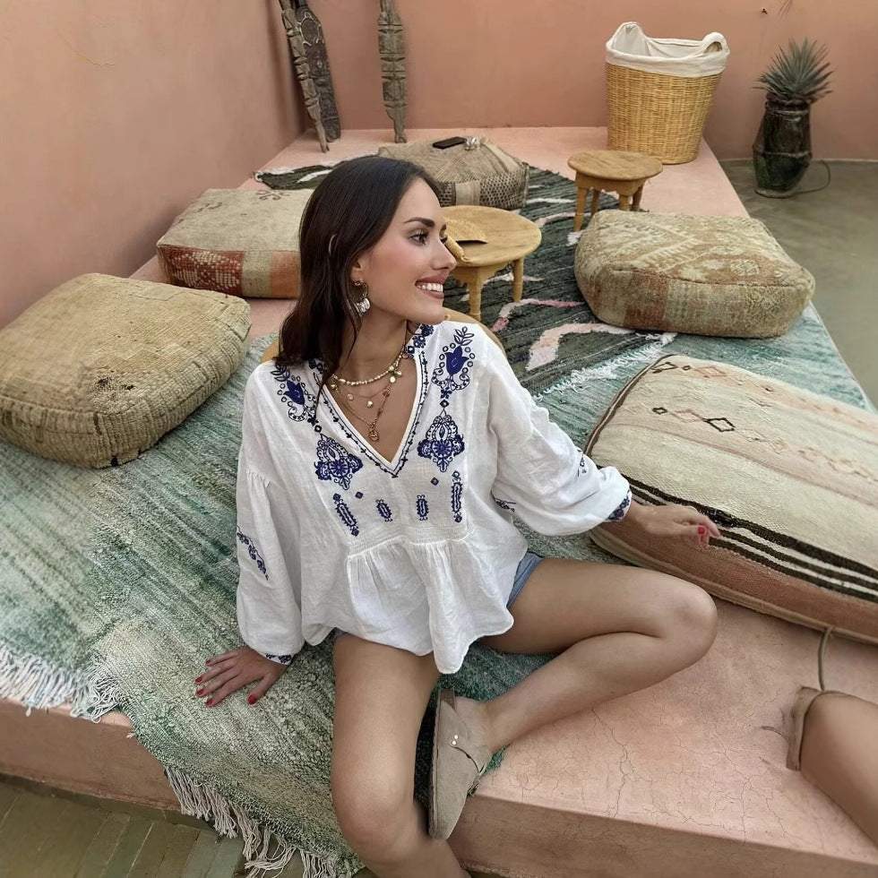 Damen Bluse mit verspieltem floralen Stickdesign und voluminösen Ärmeln Drune