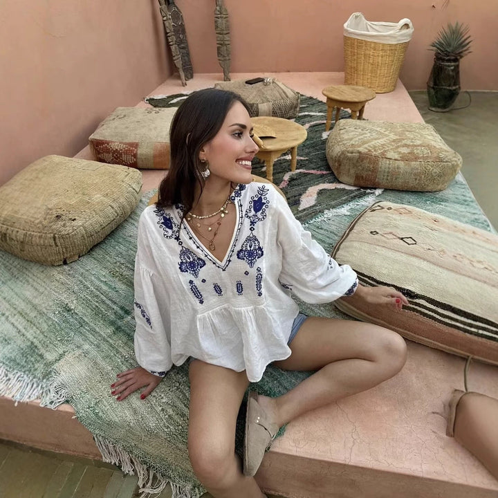 Damen Bluse mit verspieltem floralen Stickdesign und voluminösen Ärmeln Drune