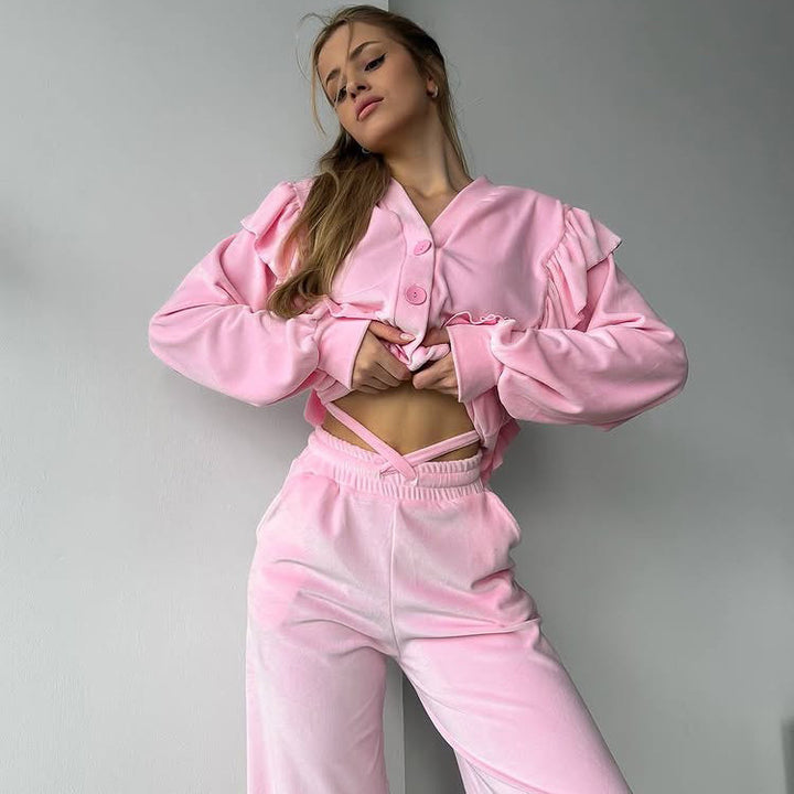 Damen Luxuriöser Samt-Set mit cropped Oberteil undweitem Hose Drune