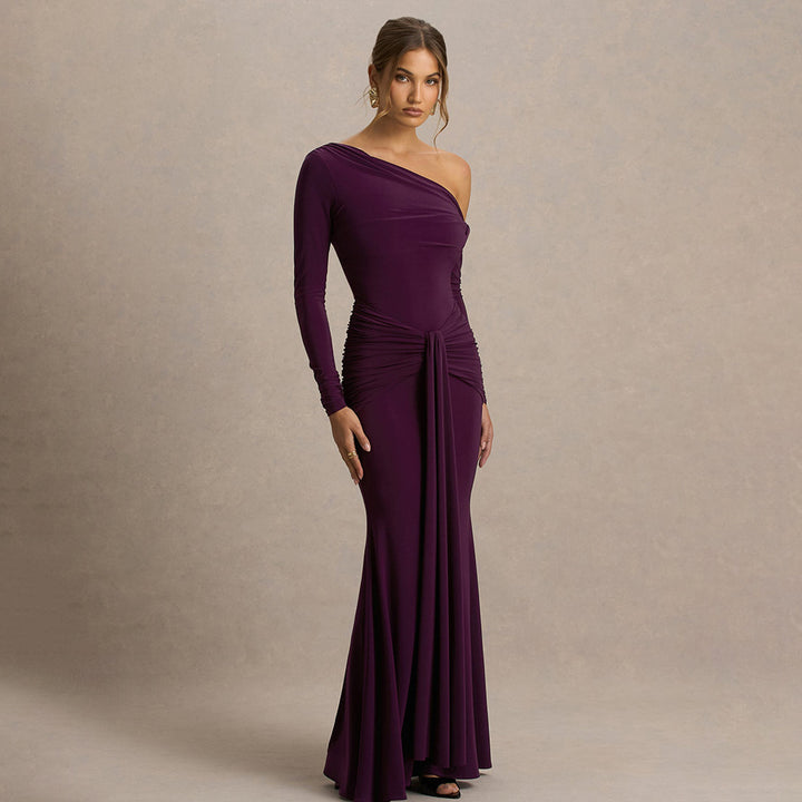 Damen figurbetontes Maxikleid mit asymmetrischem Design und Faltenwurf Drune