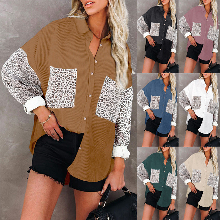 Damen nan oversized Hemdbluse mit Strukturstoff, Kontrastärmeln im Leo-Print und aufgesetzten Taschen Drune