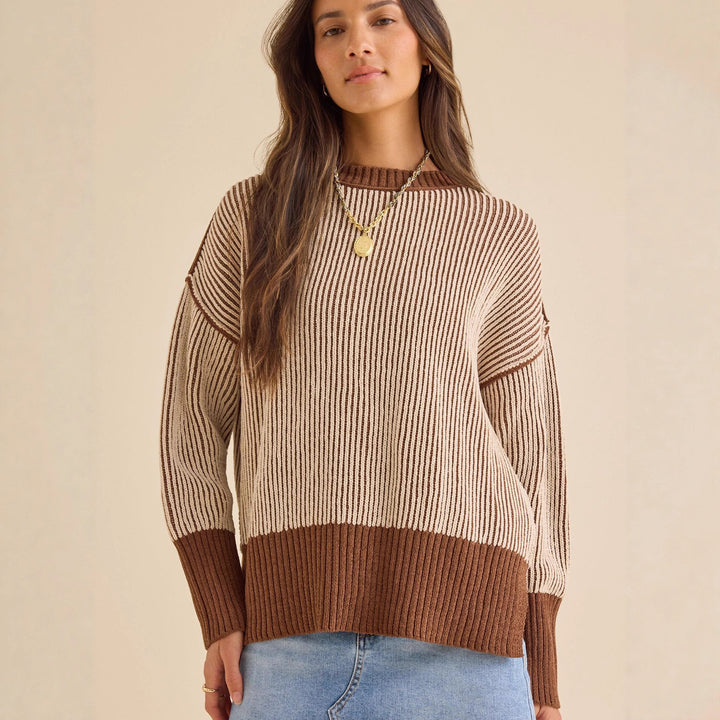 Damen lässiger Strickpullover mit modernem Rippenmuster und überschnittenen Schultern Drune
