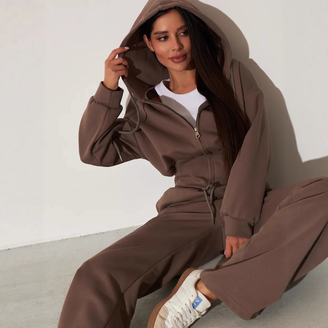 Damen lässiges Kapuzenoberteil und weite Sweatpants-Set mit hohem Bund und Reißverschluss Drune