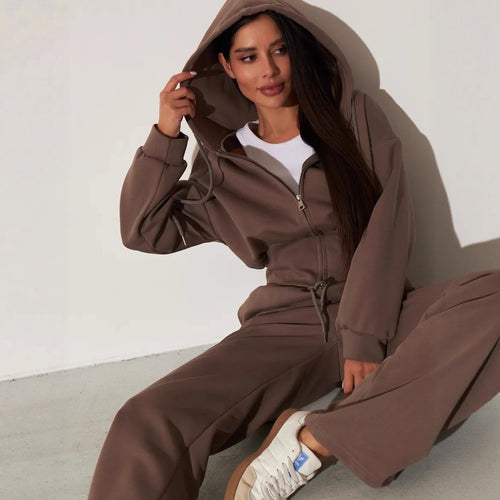 Damen lässiges Kapuzenoberteil und weite Sweatpants-Set mit hohem Bund und Reißverschluss Drune