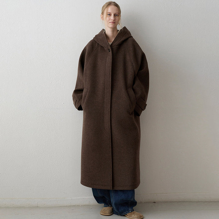 Damen Oversized Wollmantel mit Kapuze und praktischen Taschen Drune