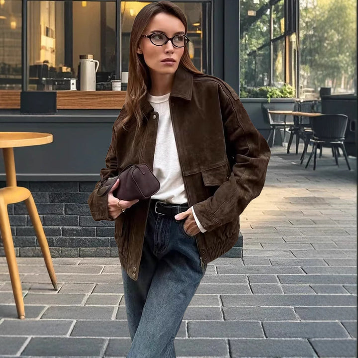 Damen Modische Wildlederjacke im lässigen Stil Drune