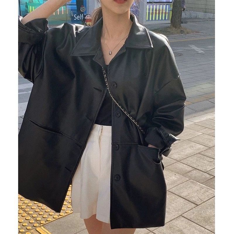 Damen Modische Lederjacke im Oversized-Stil mit klassischem Kragen und dekorativen Knöpfen Drune