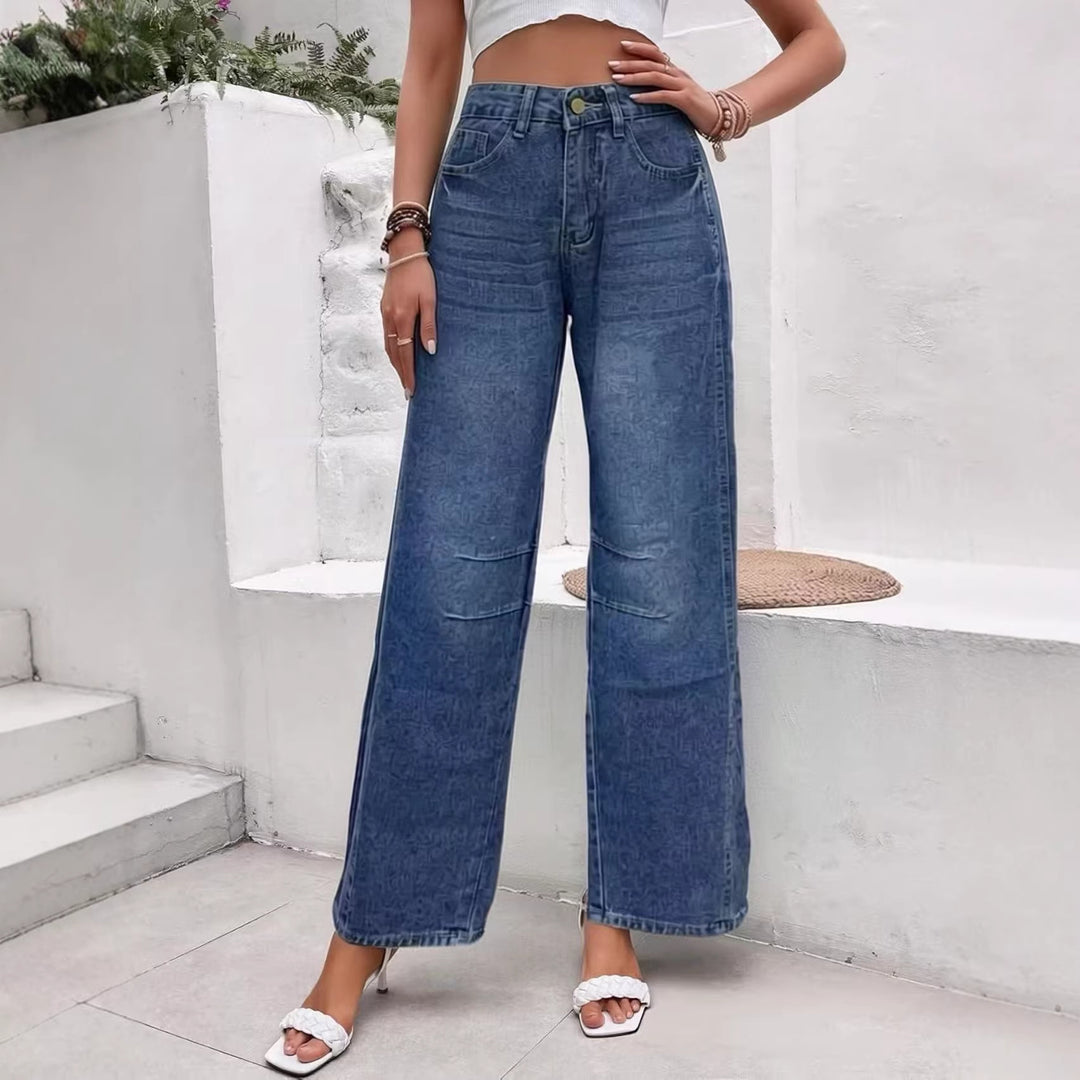 Damen nan High-Waist weite Denim-Hose mit ausgestelltem Bein und tonalen Knie-Abnähern Drune