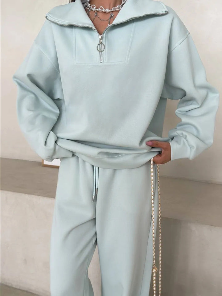 Damen eleganter Fleece-Sportanzug mit hochgeschlossenem Kragen und praktischem Reißverschluss Drune