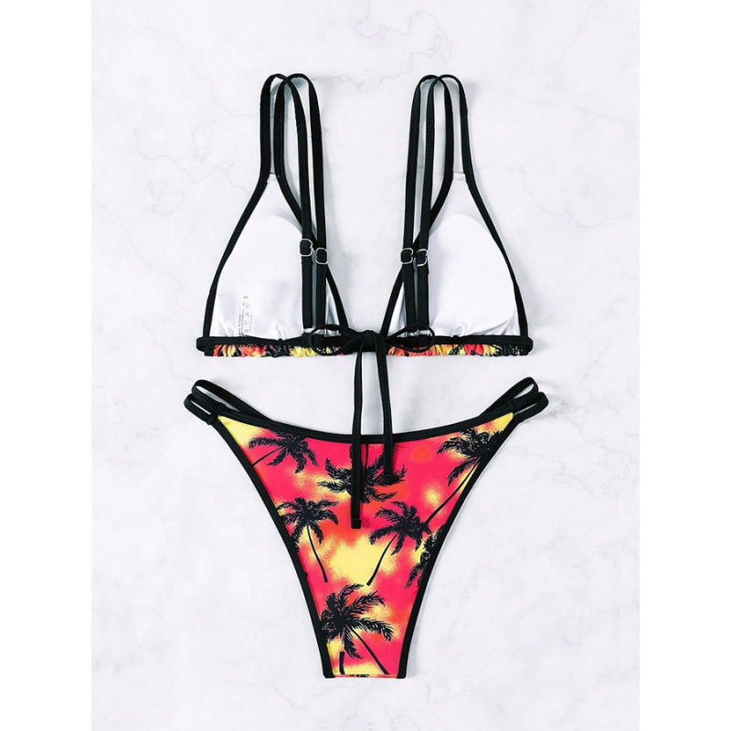 Damen Triangel-Bikini mit doppelten Trägern und trendigem Palmendruck Drune