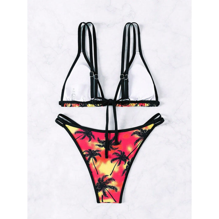 Damen Triangel-Bikini mit doppelten Trägern und trendigem Palmendruck Drune