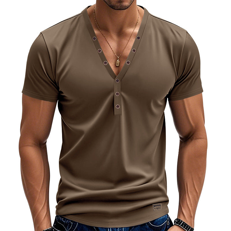 Herren nan tailliertes Kurzarm-Henleyshirt aus Baumwoll-Elasthan mit tiefem V-Ausschnitt und dekorativer Knopfleiste Drune