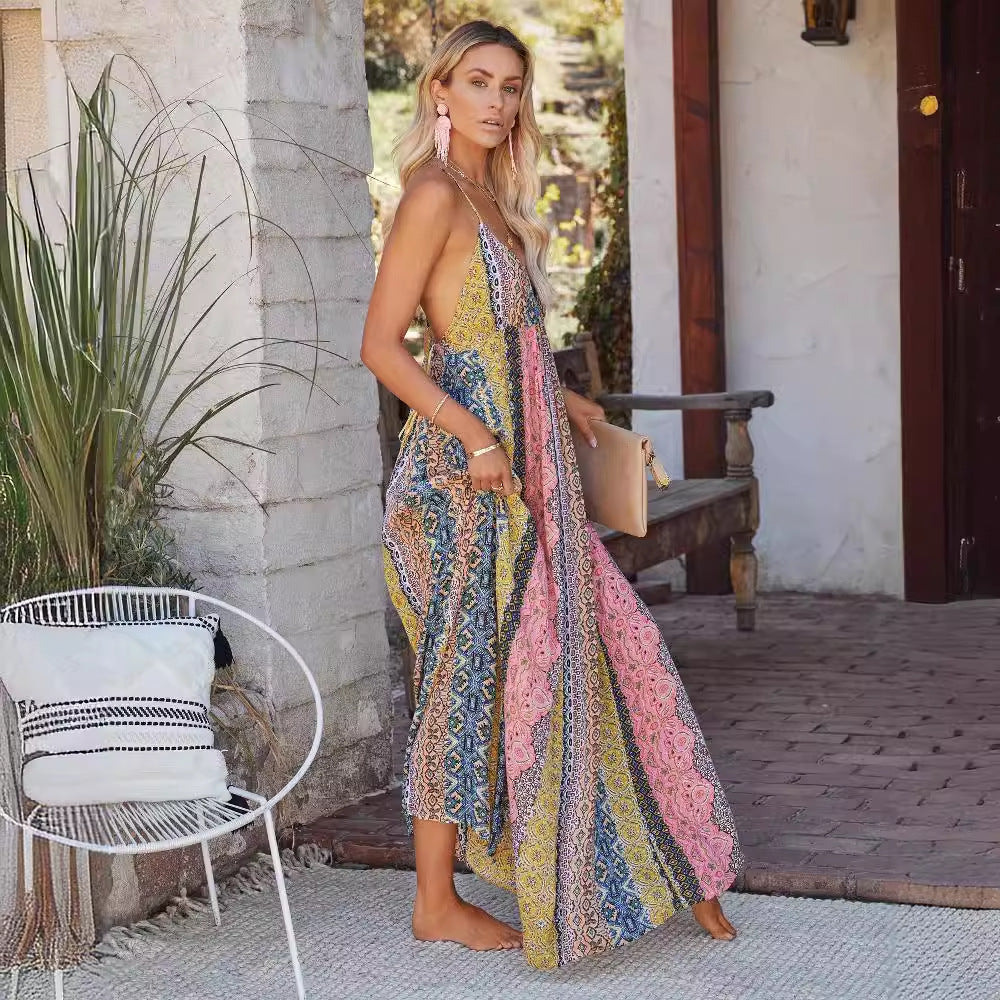 Damen Maxikleid mit einzigartigem Multi-Muster und verstellbaren Spaghettiträgern Drune