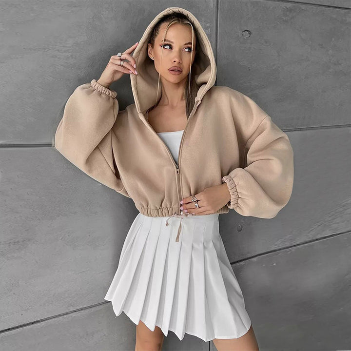 Damen nan kurzes Oversize-Kapuzensweatshirt mit Halbzip und Kordelzugbund Drune