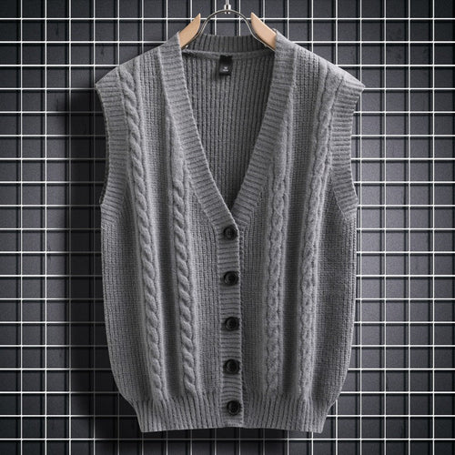 Herren ärmellose Strickjacke mit Zopfmuster und Knopfdetails Drune