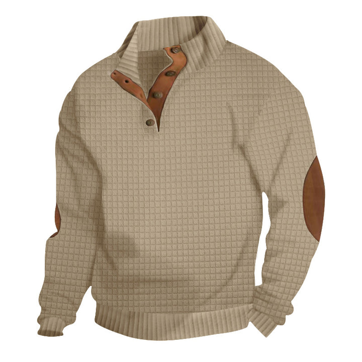 Herren nan waffelstruktur-Troyer mit Stehkragen Druckknopf-Leiste und Nappaleder-Ellenbogenpatches Drune