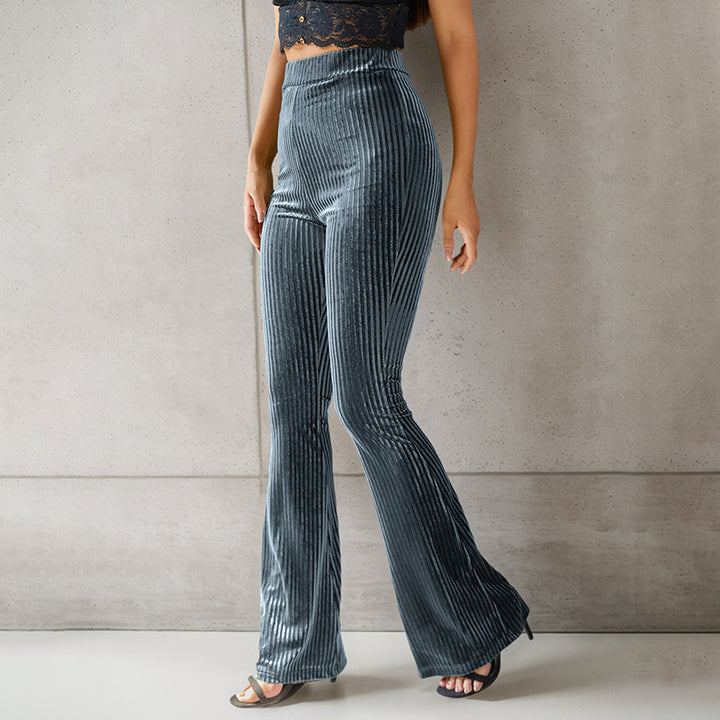 Damen elegante Flare-Hose aus samtigem Material mit feinem Streifenmuster Drune