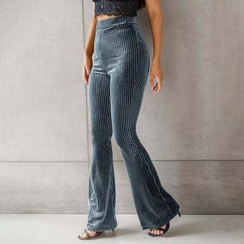 Damen elegante Flare-Hose aus samtigem Material mit feinem Streifenmuster Drune