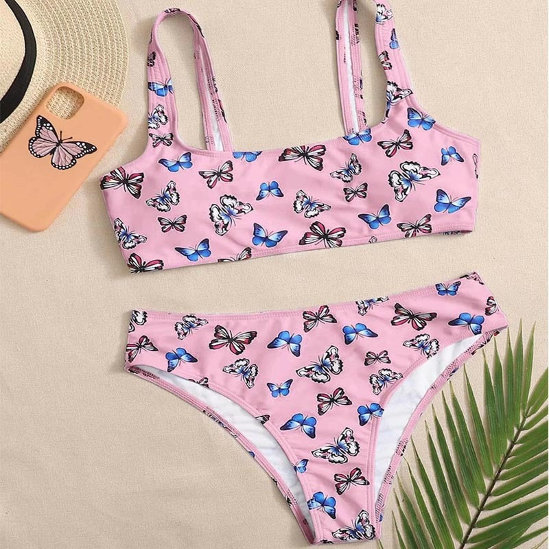 Damen Crop-Bikini-Set mit buntem Schmetterlingsdruck Drune