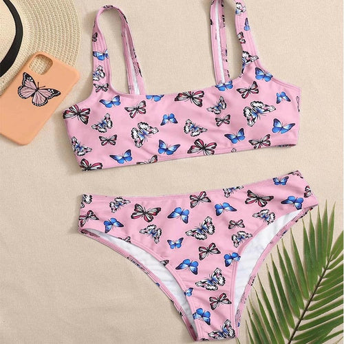 Damen Crop-Bikini-Set mit buntem Schmetterlingsdruck Drune
