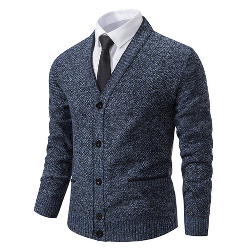 Herren nan melierter Strukturstrick-Cardigan mit V-Ausschnitt, Kontrastkanten und aufgesetzten Taschen Drune