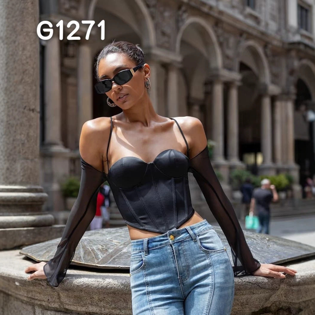 Damen Elegante Corsage-Bluse mit transparenten Ärmeln Drune