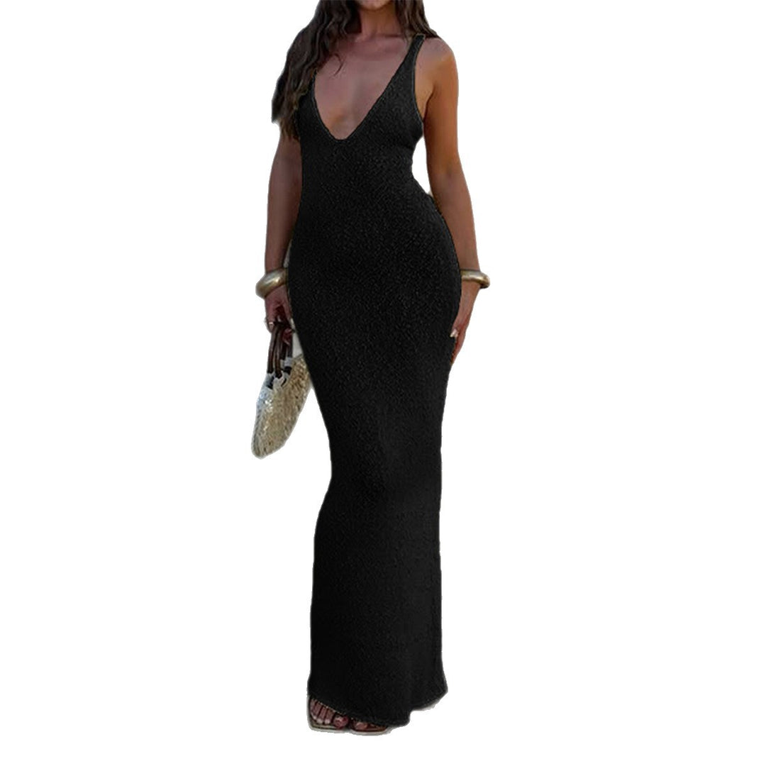Damen Elegantes Maxikleid mit tiefem V-Ausschnitt und figurbetonter Silhouette Drune