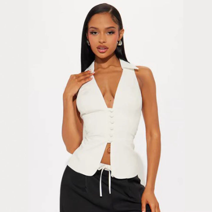 Damen elegant geschnittenes Wickeloberteil mit Knopfleiste und Kragen Drune