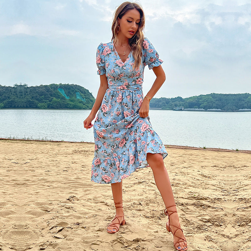 Damen florales Midikleid mit Rüschendetails und Taillierung Drune